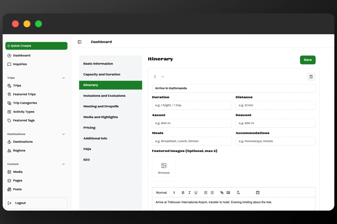 Trip catalog and itinerary builder
