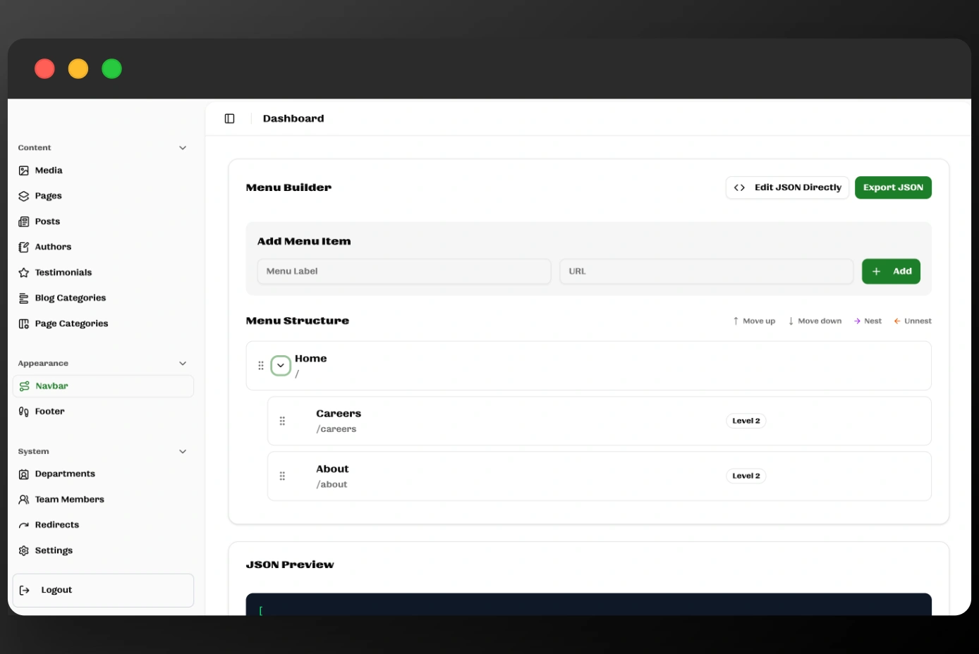 Navigation and menu builder
